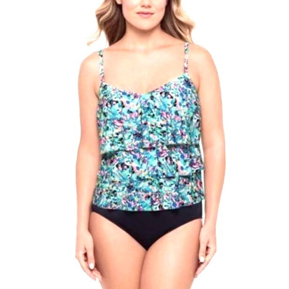 Swim Solutions Women's V-Neck Adjustable Triple Tier Tankini Top Multi‎ Size 12